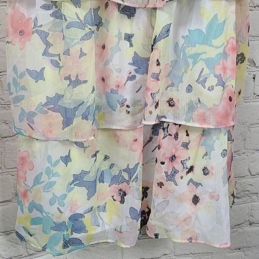 Candie’s Watercolor Bow Tiered Chiffon Babydoll Mini Dress Juniors L Sleeveless - Picture 5 of 12